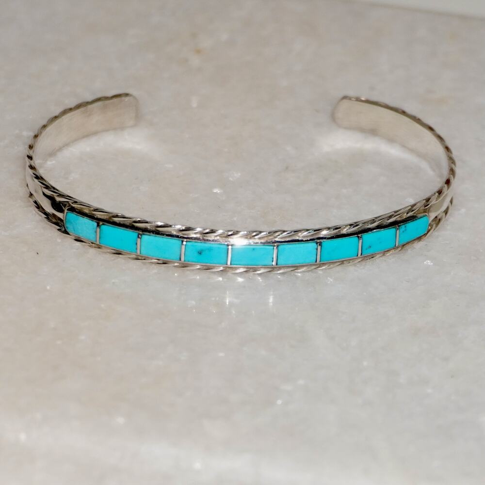 Traditional ZUNI Inlaid Turquoise Silver Bracelet Signed J.C. 925